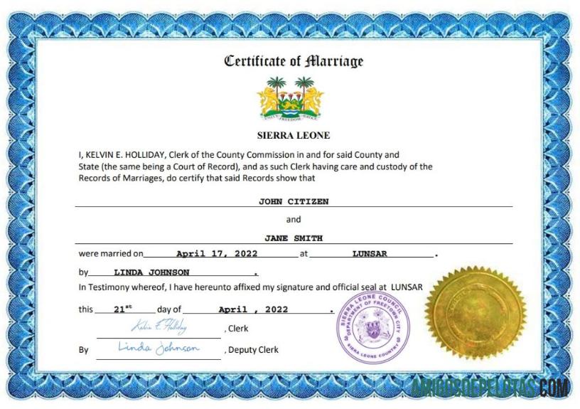 Realista modelo Word e PDF de certidão de casamento em Serra Leoa